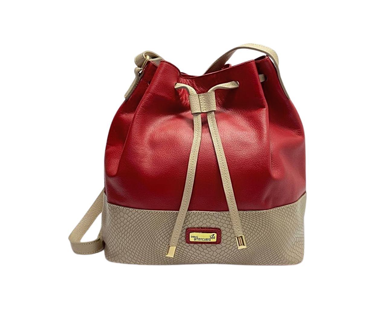 Bolso en Cuero Manos Libres Dubai rojo x yute taupé