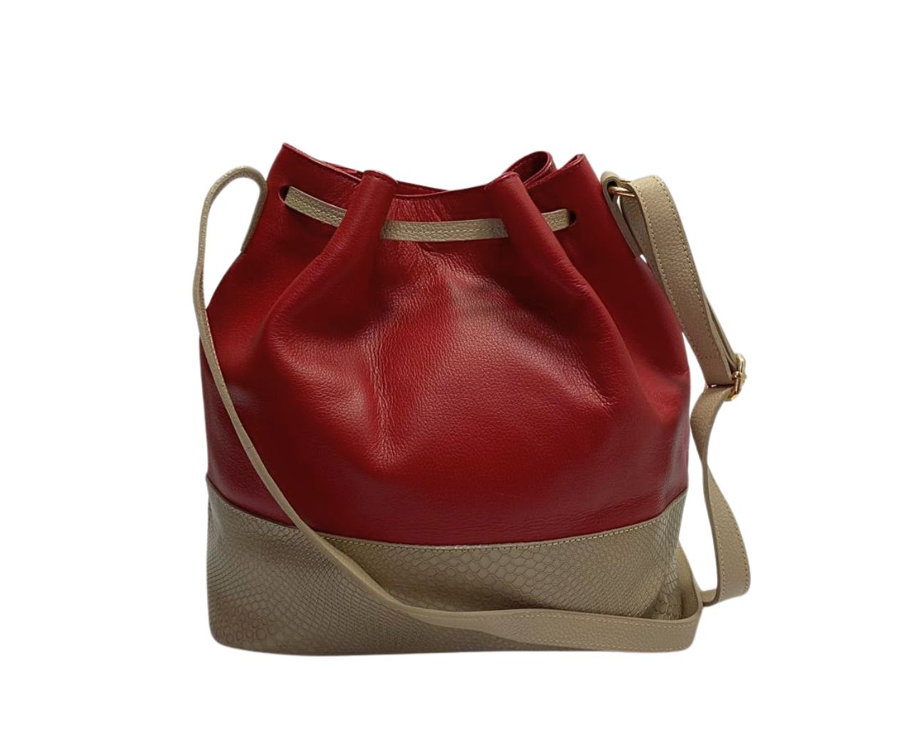 Bolso en Cuero Manos Libres Dubai rojo x yute taupé - Imagen 4