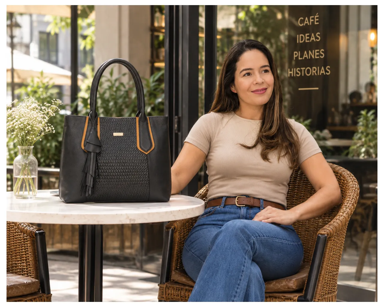 Bolso en cuero Mariangel Mimbre Negro x Miel - Imagen 2
